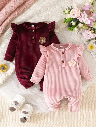 2件装女婴休闲可爱花卉刺绣纽扣抓绒连体衣，秋冬季