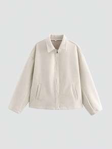 女士时尚简约百搭通勤拉链羊毛大衣 - 米色 - 查看 3