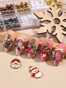 1 Box Autumn And Winter Color Nail Charm Brown White Gold Mixed Sizes Pearl Bead Mixed Steel Beads 3D Nail Gems Kawaii Cute Christmas Nail Art Decoration Nail Salon Accessories Nail Supplies DIY