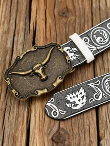 1pc Unisex Vintage Western Cowboy Style Carved Bull Head Print Belt, Suitable For Jeans, Cargo Pants, Party, Holiday Gift
