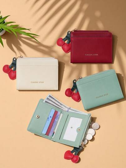 Cherry Leather Chain Pendant Decor Solid Color Small Wallet Cute Short Bifold Wallet For Women Letter & Heart Pattern Adorable Clutch Purse For Ladies Money Wallet Mini Wallet Purse Wallet Men Wallet Leather Cute Wallet