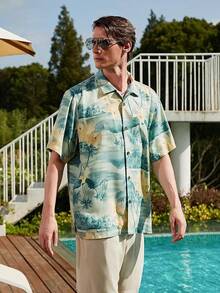 Men's Silk Hawaiian Floral Shirts Short Sleeve Button Down Casual Tropical Holiday Beach Shirtshalloween - 水草綠 - 查看 6