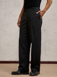 Men's Casual Slim Fit Solid Color Slant Pocket Loose Suit Pants, Versatile Formal Trousers, Japanese & Korean Street Fashion - Black - View 2