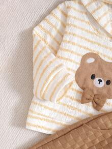 مجموعة بنطلون وهوديي بنقشة الدب الصغير والخطوط الطويلة للأولاد، قطعتان، ملابس يومية عادية للأولاد الصغار