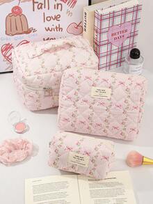 1Pc/Set Sweet Pink Striped Bowknot Pattern Wash And Cosmetic Bag Set,Portable Large Capacity Travel Organizer Toiletry Bag Makeup Bag Skincare Bag - Multicolor - View 3