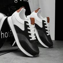 Zapatos deportivos versátiles para hombres - Diseño de cordones de corte bajo, suela acolchada de EVA - Negro/Blanco - Zapatos ligeros para fitness, running y uso casual - Parte superior de PU transpirable, suela antideslizante - Adecuado para ocasiones casuales y formales - Estilo de ropa de calle de moda