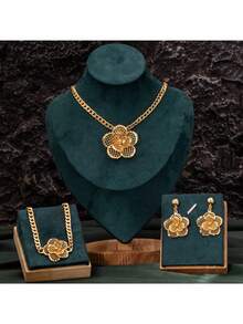 4pcs 18K Gold Plated Copper 3D Floral Necklace & Bracelet Set (Anklet Compatible), High-End Luxury Cuban Chain Jewelry, Suitable For Brides, Weddings, Parties, Holidays, Gifts For Women