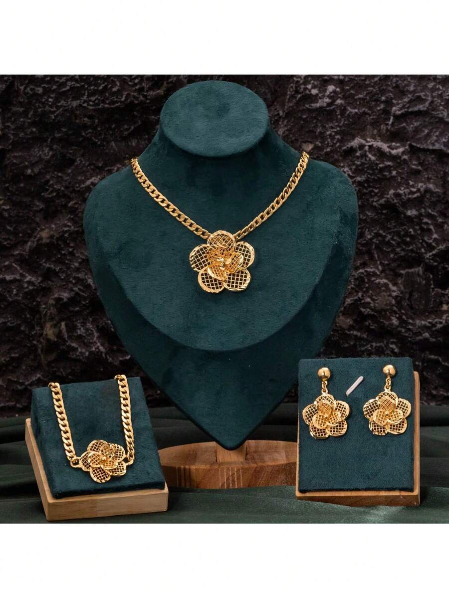 4pcs 18K Gold Plated Copper 3D Floral Necklace & Bracelet Set (Anklet Compatible), High-End Luxury Cuban Chain Jewelry, Suitable For Brides, Weddings, Parties, Holidays, Gifts For Women