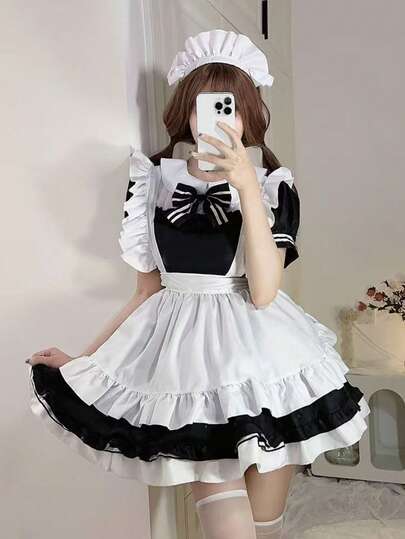 1pc Elegant Lace Peter Pan Collar Detachable Bow Decor Embroidered Apron, Suitable For Lolita Maid Dress With Petticoat ,Halloween Costume