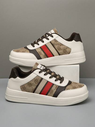 男士时尚彩色块字母图案系带前部平面设计休闲运动鞋，小众百搭户外舒适低帮运动鞋