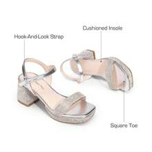 Fashion Girl's Chunky Mid-Heel Square Toe High Heels With Rhinestone Decor, Versatile Simple Open Toe Girl Sandals With Hook Loop Strap For Party Wedding Dance Wearing - 銀色 - 查看 2