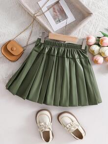 Girls' Fashionable Elegant Green PU Design Skirt, Suitable For Autumn/Winter - Olive Green - View 2