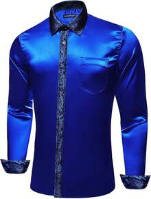 Mens Satin Silk Shirts Long Sleeve Designer Dress Shirt Shiny Untucked Casual Button Down Shirt Party Disco Formalhalloween - B 藍色緞子 - 查看 6