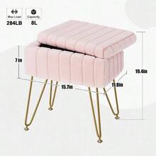 Homodoskey Vanity Stool Chair With Storage Faux Fur Makeup Chair For Vanity 15.7"L X 11.8"W X 19.4"H Soft Ottoman 4 Metal Legs With AntiSlip Feet Modern Multifunctional Chairs For Bedroom Pink