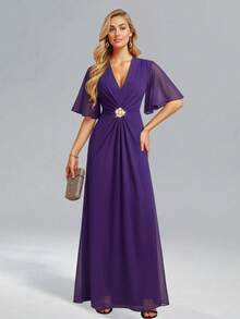 Dark Purple Chiffon Flowing V-Neck Ruffled Maxi Cocktail Dress With Pleats And Diamond Embellished A-Line Ball Gown - Purple - View 1