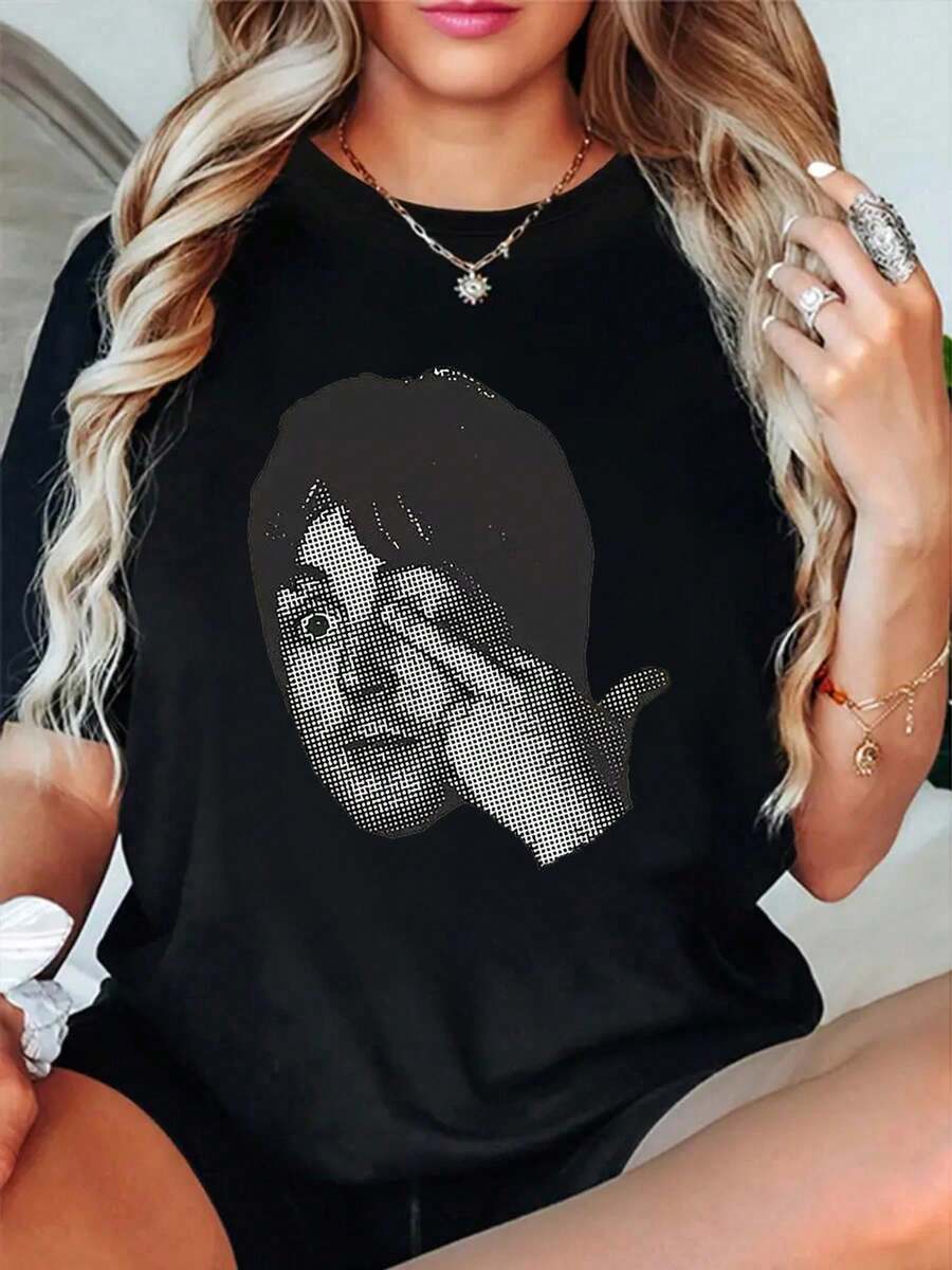Camiseta negra 100 % algodón con estampado de , cuello redondo, manga corta, cómoda y suave para vacaciones de verano. - Negro - Ver 1