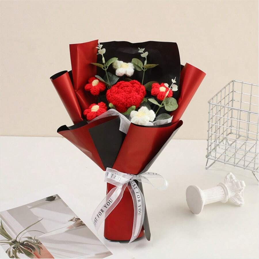 Ramo de flores de ganchillo Flor de punto Decoración del hogar Regalo del día de la madre Flores artificiales para el cumpleaños del día - Rojo - Ver 1