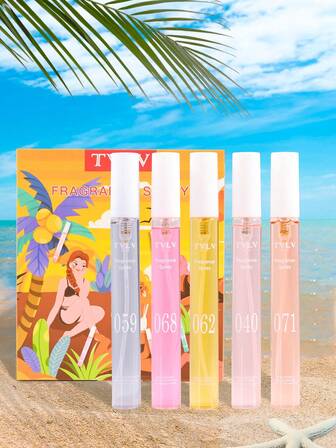 Set di 1/5 pezzi di spray profumato brasiliano in confezione regalo, spray portatile multistrato in edizione limitata per un'intensa sensazione di beatitudine con elementi essenziali naturali freschi e affascinanti a lunga durata, che rilascia un elegante profumo di vaniglia, cocco, floreale, fruttato, agrumato, legnoso, acquatico, oceano e mare. Adatto per Natale, spiaggia, compleanno, festa della mamma, Ringraziamento e Capodanno.