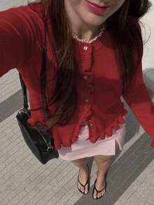 Knit Mix 优雅女士开衫，厚针织毛衣外套，浪漫法式风格，适合圣诞节和新年穿着，可爱圆领套头衫 - 紅色 - 查看 9