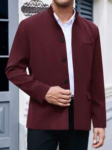 Mens Casual Suit Blazer Jackets Stand Mandarin Collar Lightweight Lined Business Dress Sport Coats - 酒紅色 - 查看 2