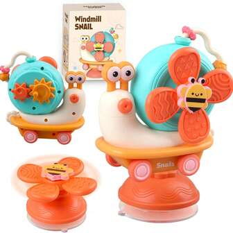 可爱蜗牛造型婴儿高脚椅吸盘玩具，带旋转功能，适合6个月以上的宝宝，多功能，可拆解成小汽车、吸盘和指尖旋转器，可用作婴儿窗户旋转玩具、蜗牛造型婴儿洗澡玩具、感官教育玩具、新生儿礼物。