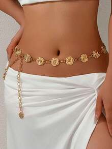 1pc Vintage Fashionable Personalized Metal Flower Waist Chain, Bohemian High-End Versatile Dress Chain Waist Belt, Suitable Women In Any Occasion - Vàng 4 - Xem 8