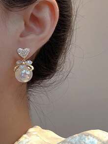 1pair Elegant Faux Pearl Bowknot Heart Diamond-Encrusted Mermaid Princess Earrings For Sweet Luxury Date Night - 黃金 - 查看 2