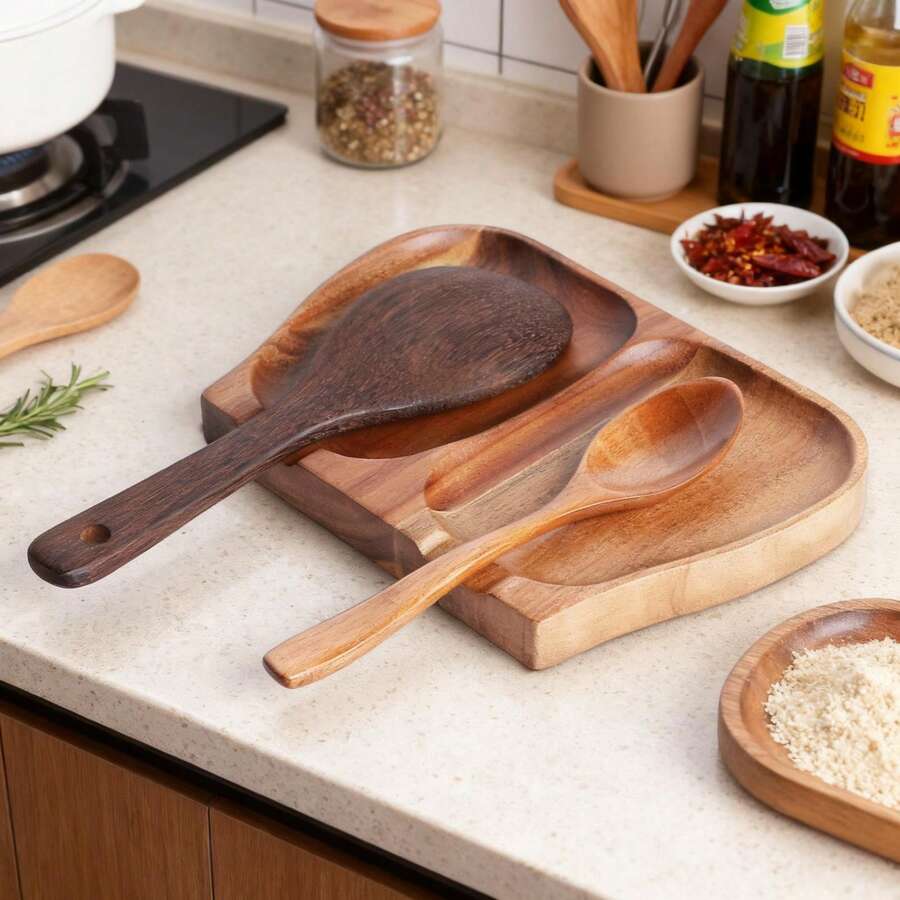 1 pieza Reposaespátulas de madera de acacia para la encimera de la cocina, reposaespátulas doble para la estufa, soporte para utensilios como espátulas, cucharones, batidores, pinzas, decoración de cocina de estilo granja