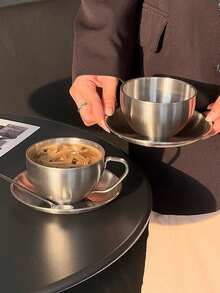 1pc Retro American Style 304 Stainless Steel Coffee Cup & Saucer Set, European Industrial Metal Cup For Latte, Afternoon Tea