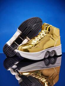 1双男士金色PU系带厚底四轮轮滑鞋，多功能滑板鞋，适合户外，可伸缩二合一 - 金色 - 查看 3