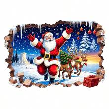 قطعة واحدة من ملصق الحائط الزخرفي لعيد الميلاد بصورة سانتا كلوز والرنة، ملصق بتأثير جدار مكسور، ملصق لاصق من البي في سي لديكور العطلات، منظر شتوي مذهل لمنظر الثلج، ديكور منزلي مناسب لغرفة المعيشة والنوم والمتجر