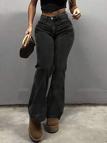 MYOURSA Jeans a vita alta a zampa d'elefante, pantaloni elasticizzati a zampa di donna, abbigliamento casual retrò di Y2K - Grigio - Visualizzare 3