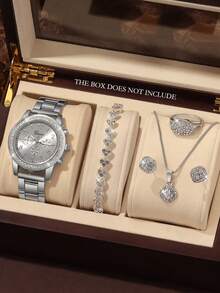 6pcs Gorgeous Women's Quartz Watch Set With Bracelet, Necklace, Ring, Earrings Jewelry Set, Round Dial, Personalized Non Scale Design, Fixed Size Strap, Suitable For Festival Gifts And Daily Wear, Excluding Packaging Box