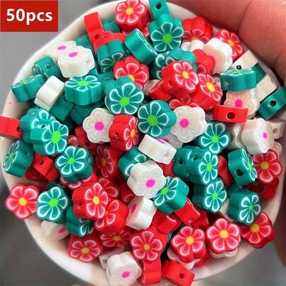 50pcs 10mm Christmas Color Plum Blossom Soft Clay Beads, Suitable For Gifts, Christmas Decorations, DIY Jewelry Making