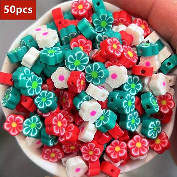 50 piezas de cuentas de arcilla suave con diseño de flor de ciruelo de color navideño de 10mm, adecuadas para regalos, decoraciones navideñas y manualidades de joyería DIY