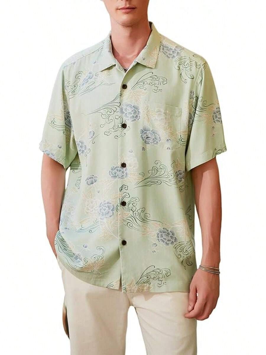 Men's Silk Hawaiian Floral Shirts Short Sleeve Button Down Casual Tropical Holiday Beach Shirtshalloween - màu xanh lá - Xem 1