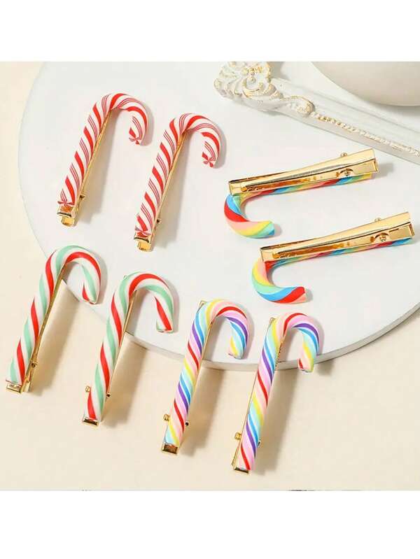 8 قطع مشابك شعر بشكل قصبة السكر الملونة بألوان قوس الواقعية، مشابك شعر فريدة وممتعة، إكسسوارات شعر هدايا للأعياد والحفلات، مناسبة للحفلات والأحداث اليومية
