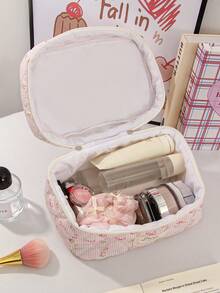 1Pc/Set Sweet Pink Striped Bowknot Pattern Wash And Cosmetic Bag Set,Portable Large Capacity Travel Organizer Toiletry Bag Makeup Bag Skincare Bag - Multicolor - View 8
