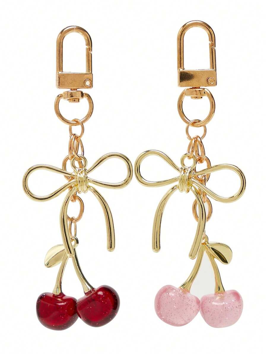 2 Stück/1 Stück Damen/Herren Gold/Rot/Rosa 10,5 cm Künstliche Acryl Kirsche Legierung Schleife Schlüsselanhänger, modischer minimalistischer Lässig Streetwear Accessoire geeignet für Damen/Herren Alltags-Outfit, Rucksack, Autoschlüssel, Reise, Schule, Party, Weihnachtsgeschenk, Autoschmuck, Geschenkidee für Freundin, Schwester, Lehrer
