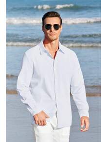 Mens Button Up Shirts Long Sleeve Linen Beach Casual Cotton Summer Lightweight Tops - 白色 - 查看 2