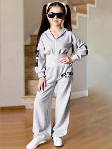 Girls' Stylish Letter Print Jumpsuit, Casual & Elegant Outdoor Fashion Design, Spring/Autumn - Grey - View 4