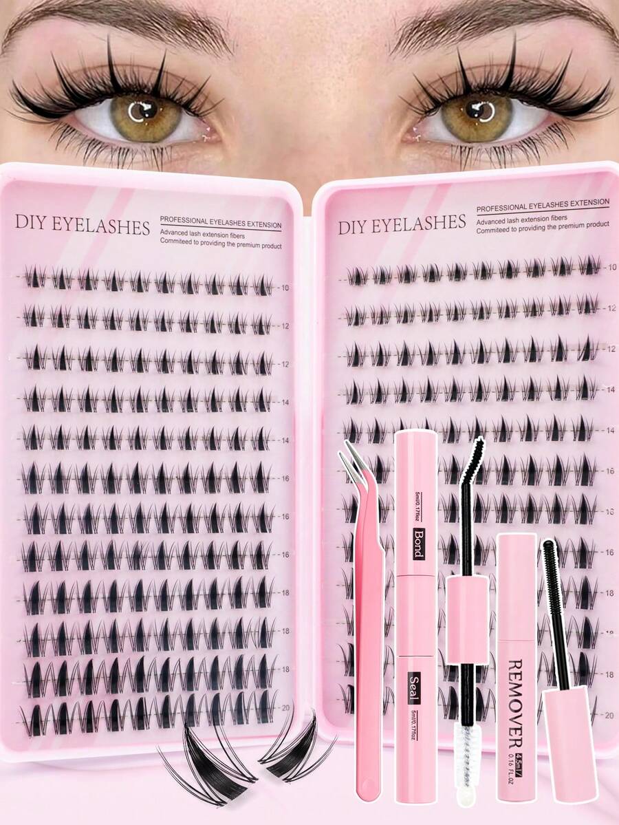240 D 卷曲睫毛延长 DIY 套装 30D+40D+50D+60D 混合睫毛套装，10-16 毫米簇状 D 卷曲单根睫毛，柔软蓬松，迷你旅行友好型浓密睫毛套装，含胶水、密封剂和镊子，适合家庭使用