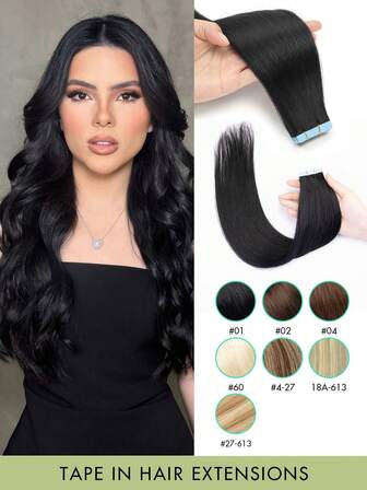 20pcs Natural Remy Human Hair Extensions - 12"-20" Straight Tape-In Highlights In Black, Brown & Blonde Mix For Women | Lightweight & Durable