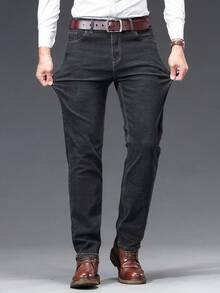 Jeans in denim termico elasticizzato da uomo, vestibilità slim fit e gamba dritta, adatti per abbigliamento casual business, ideali per zii di mezza età e papà, regalo perfetto per Natale, Ringraziamento, Festa del Papà o compleanno, adatti per l'autunno/inverno - nero - Visualizzare 5