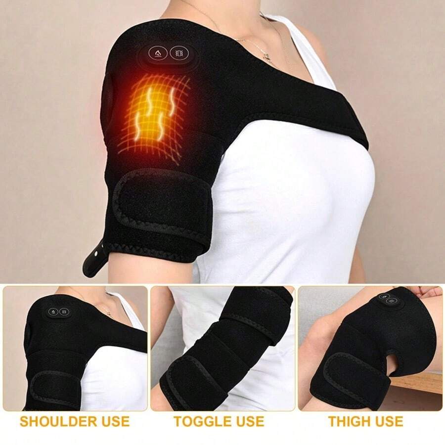 三合一 USB 加热护膝肩带便携式腿部保暖器，具有三个可调节的加热级别和按摩功能 - 黑色 - 查看 1