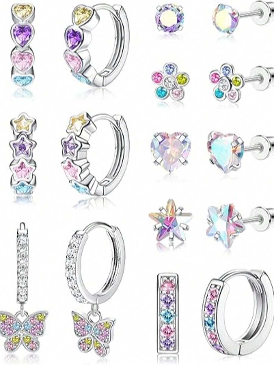 16 件青少年低过敏性耳环，适合敏感耳朵的不锈钢环状耳环，螺丝后耳环，可爱的幼儿耳环，青少年珠宝耳环 - 粉色 - 查看 1