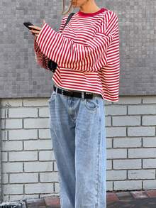 Casual Commute Daily Drop Shoulder Loose Striped Top - Red and White - View 10