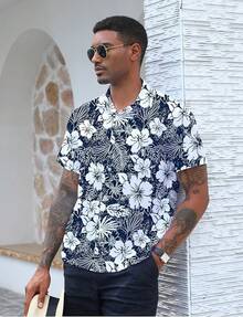 Hawaiian Shirt For Men Summer Casual Beach Button Down Short Sleeve Printed Tropical Vacation Shirtshalloween - Blue Flower - View 6