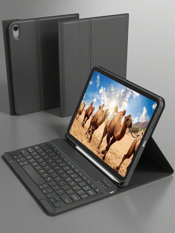 Etui z klawiaturą kompatybilne z iPadem, bezprzewodowa klawiatura i odpinany skórzany pokrowiec z uchwytem na długopis, obsługuje automatyczny tryb uśpienia/wybudzenia, odpinana bezprzewodowa klawiatura Bluetooth z baterią 150 mAh, smukła i lekka obudowa z podstawką – czarna