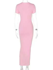 Vestido de verano para mujer, vestido elegante de unicolor rosa con manga corta y sexy para fiesta - Rosa - Ver 6